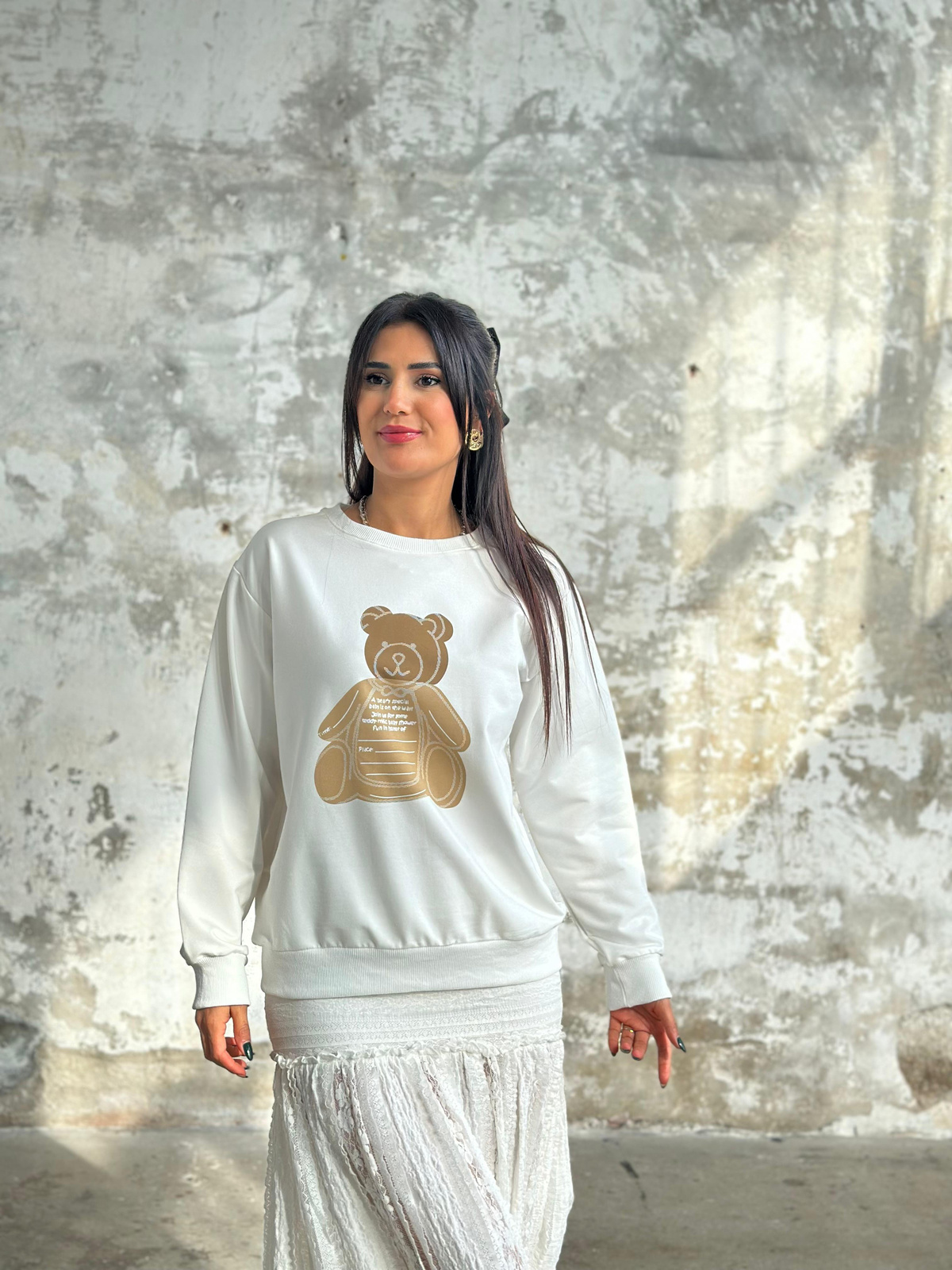 Ayıcık Baskılı Kadın Sweat (Beyaz)