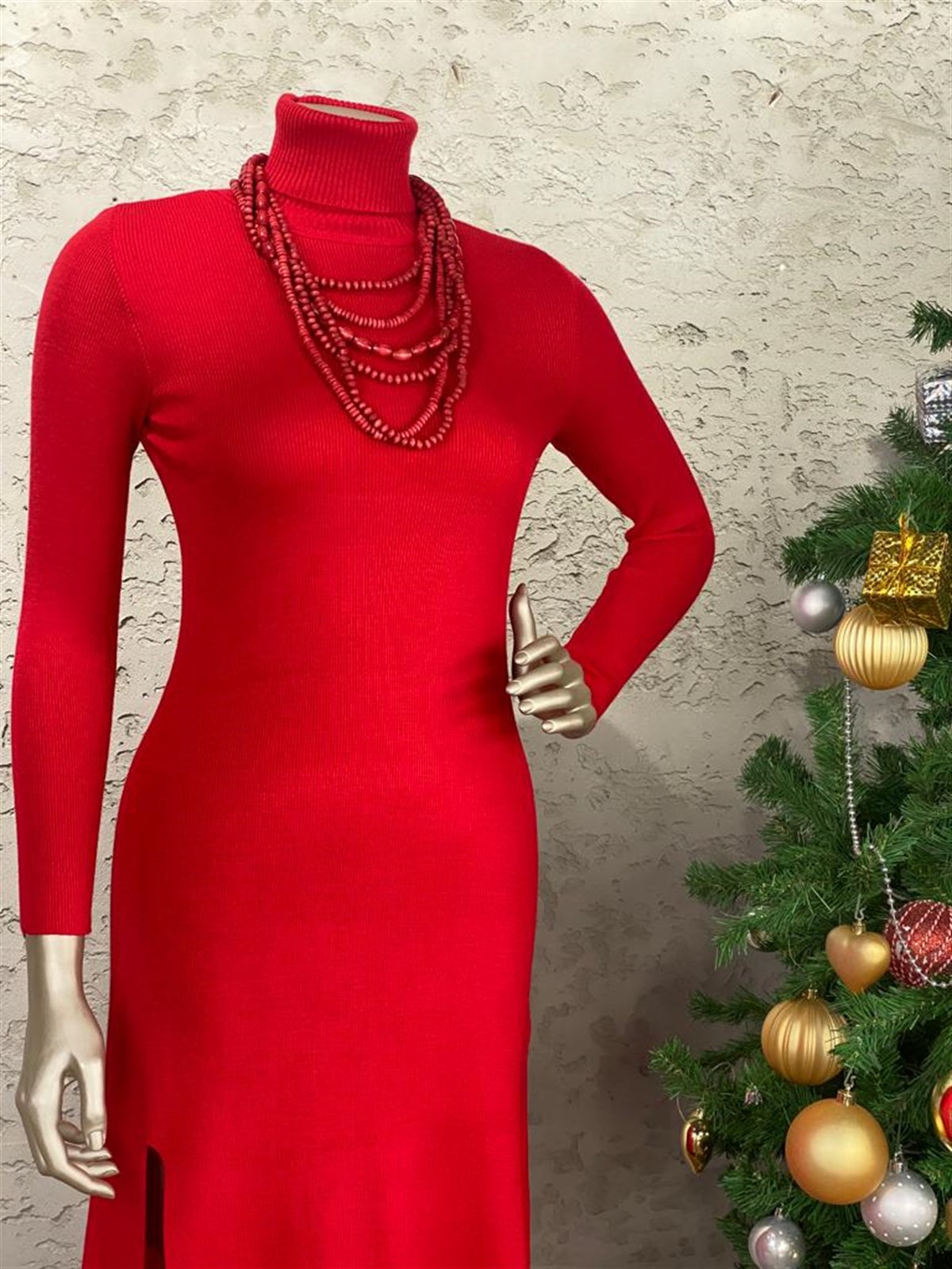 Balıkçı Yaka Derin Yırtmaçlı Esnek Yapılı Triko Elbise (Siyah)