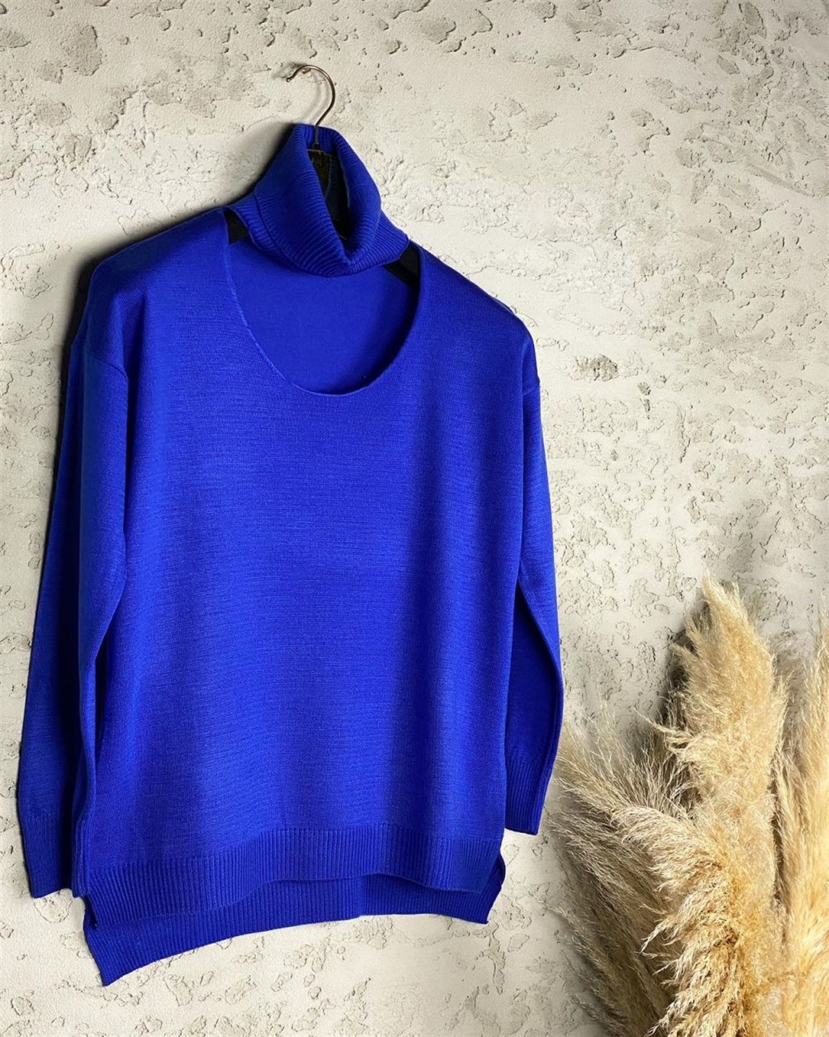 Balıkçı Yaka Pencereli Triko Kazak (Saks Mavi)