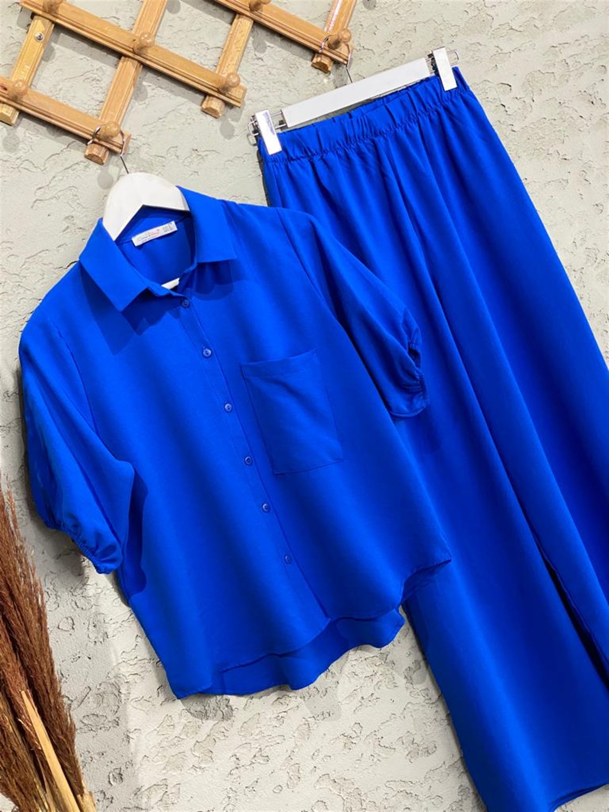 Balon Kol Cepli Gömlek Ve Pantolon Takım (Saks)