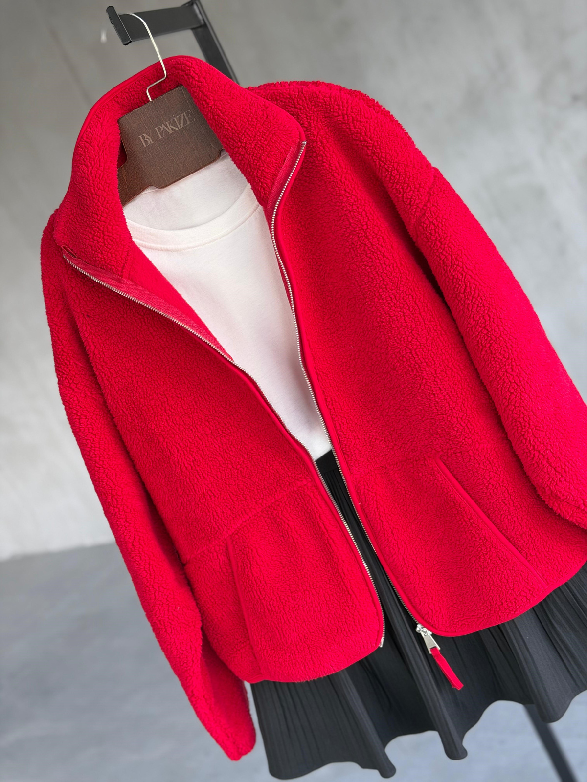 Basic Fermuarlı Peluş Teddy Ceket (Kırmızı)