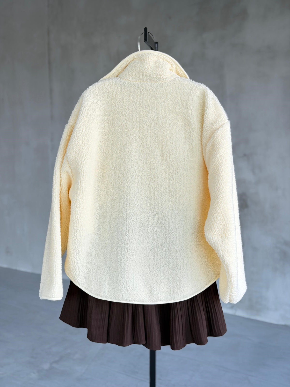 Basic Fermuarlı Peluş Teddy Ceket (Krem)