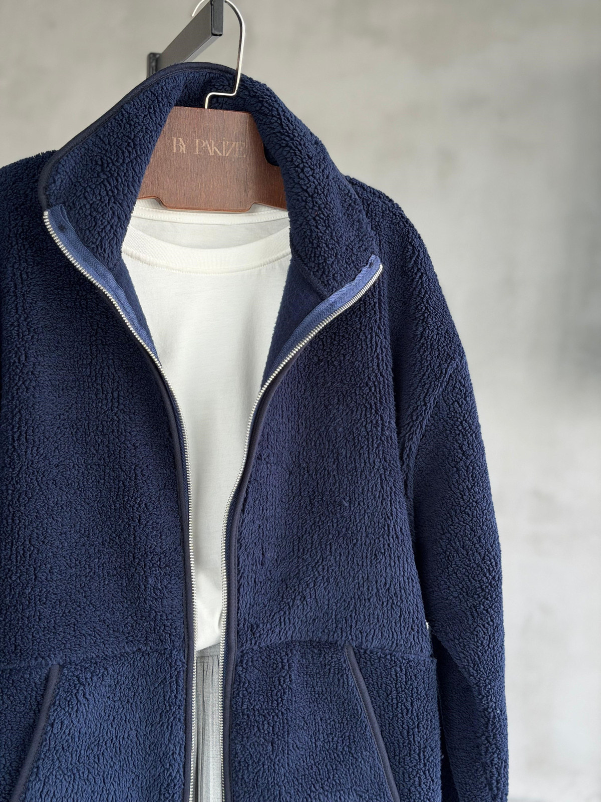 Basic Fermuarlı Peluş Teddy Ceket (Lacivert)
