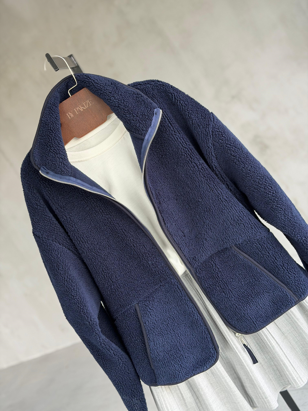 Basic Fermuarlı Peluş Teddy Ceket (Lacivert)