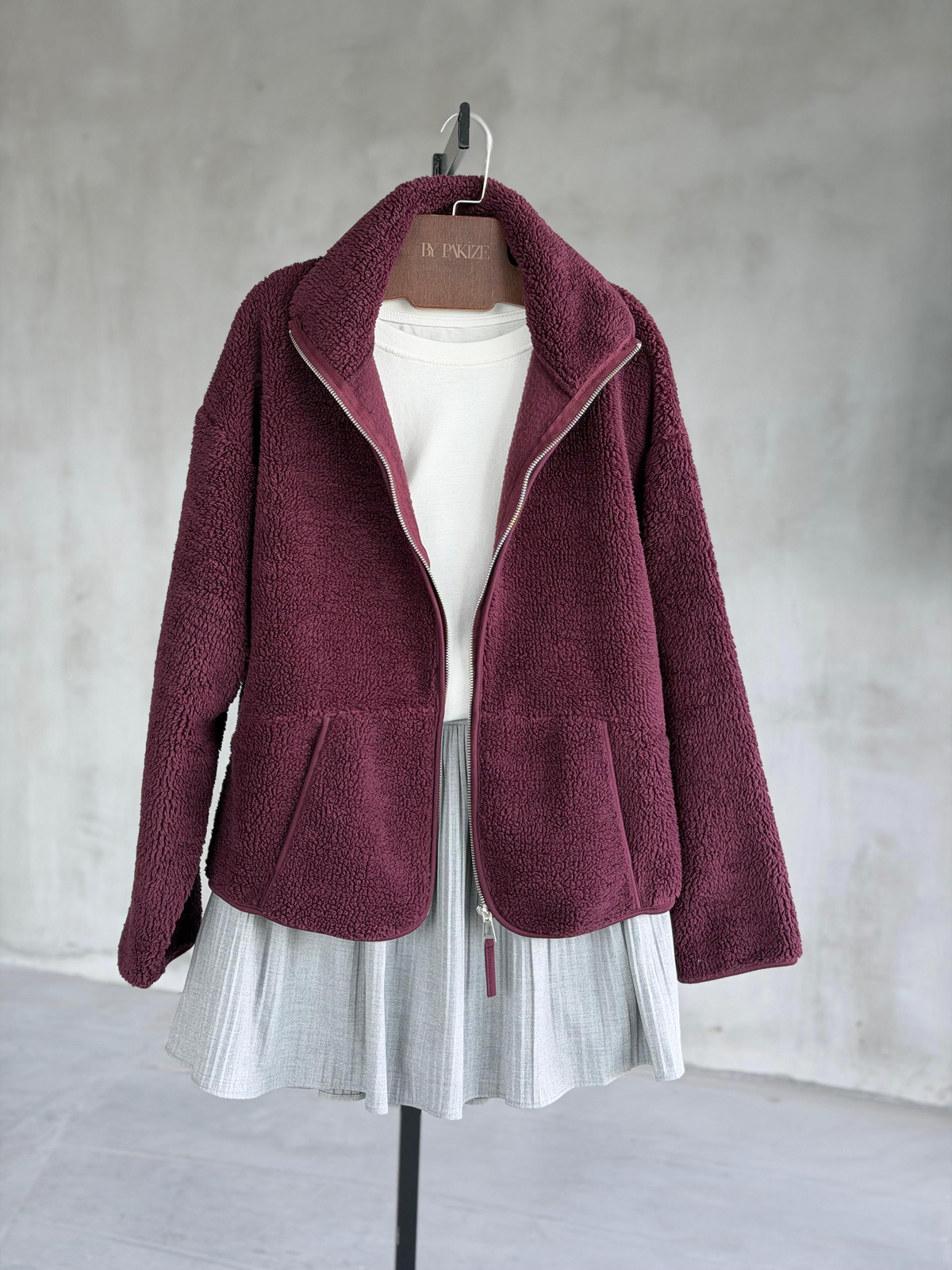 Basic Fermuarlı Peluş Teddy Ceket (Mürdüm)
