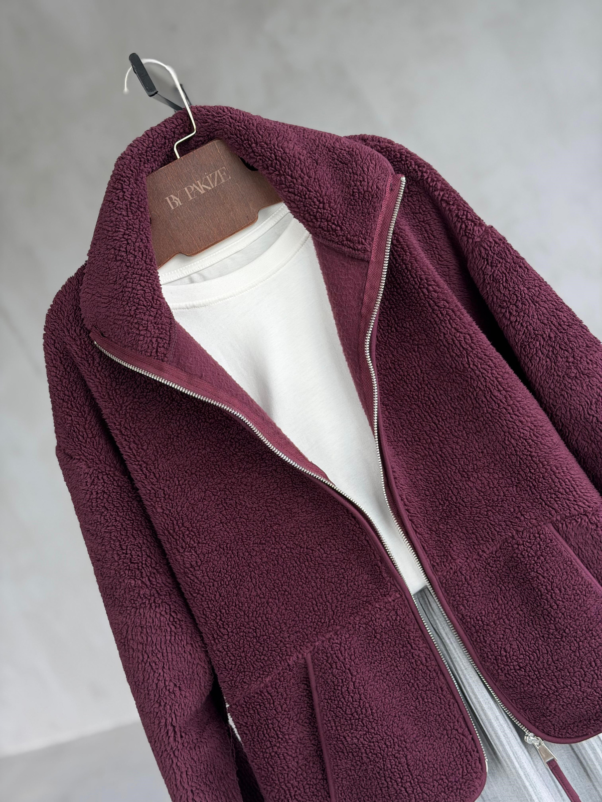 Basic Fermuarlı Peluş Teddy Ceket (Mürdüm)
