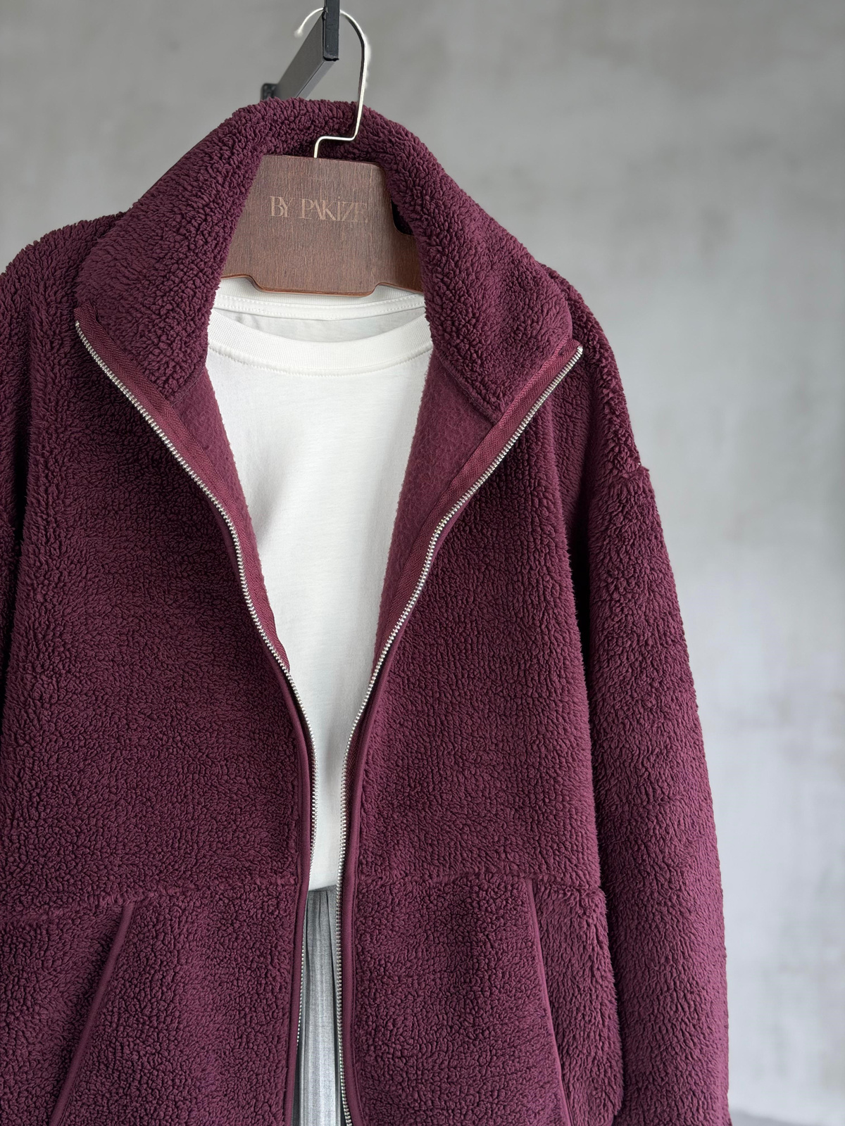 Basic Fermuarlı Peluş Teddy Ceket (Mürdüm)