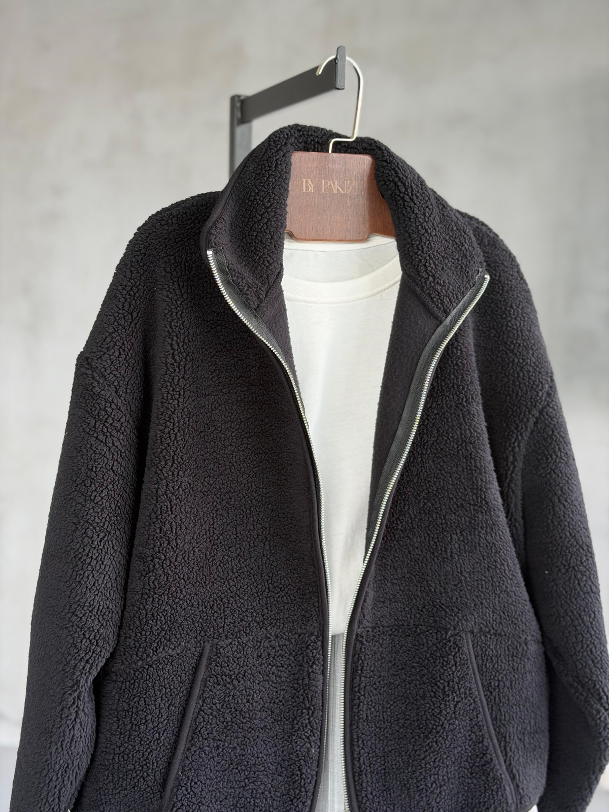 Basic Fermuarlı Peluş Teddy Ceket (Siyah)
