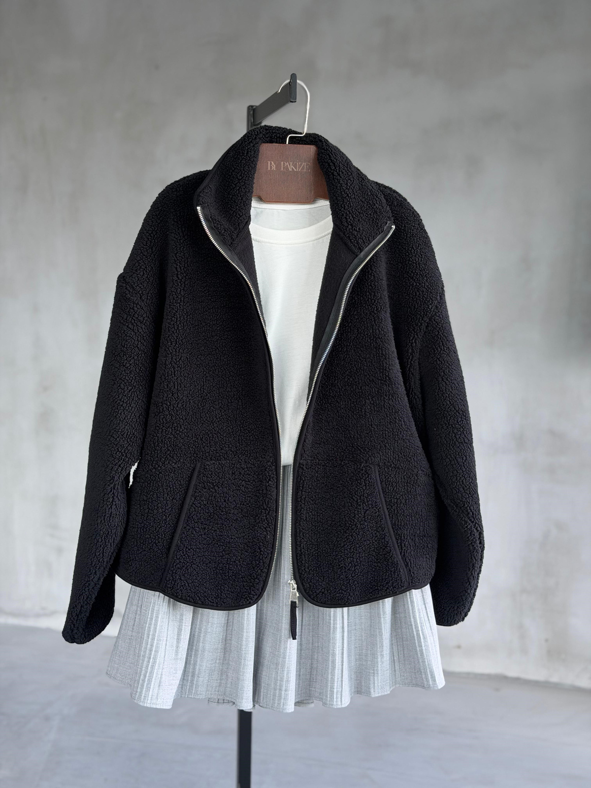 Basic Fermuarlı Peluş Teddy Ceket (Siyah)