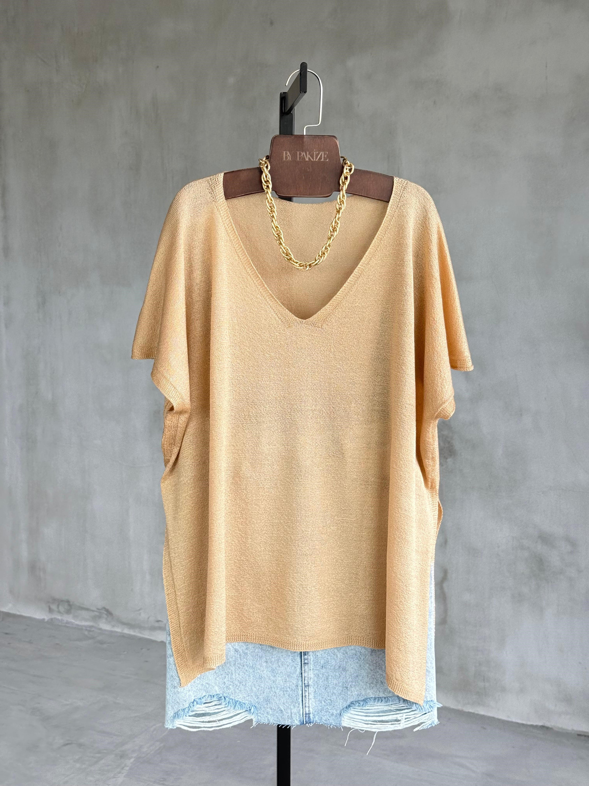 Basic Oversize Merserize Yan Yırtmaç Triko (Camel)