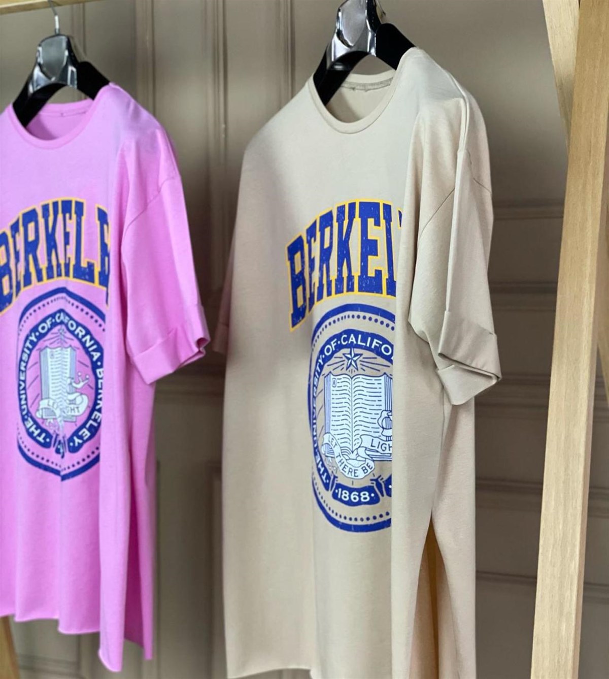 Baskılı Yanları Yırtmaçlı Basic Tunik Tshirt  (PEMBE & BEJ)