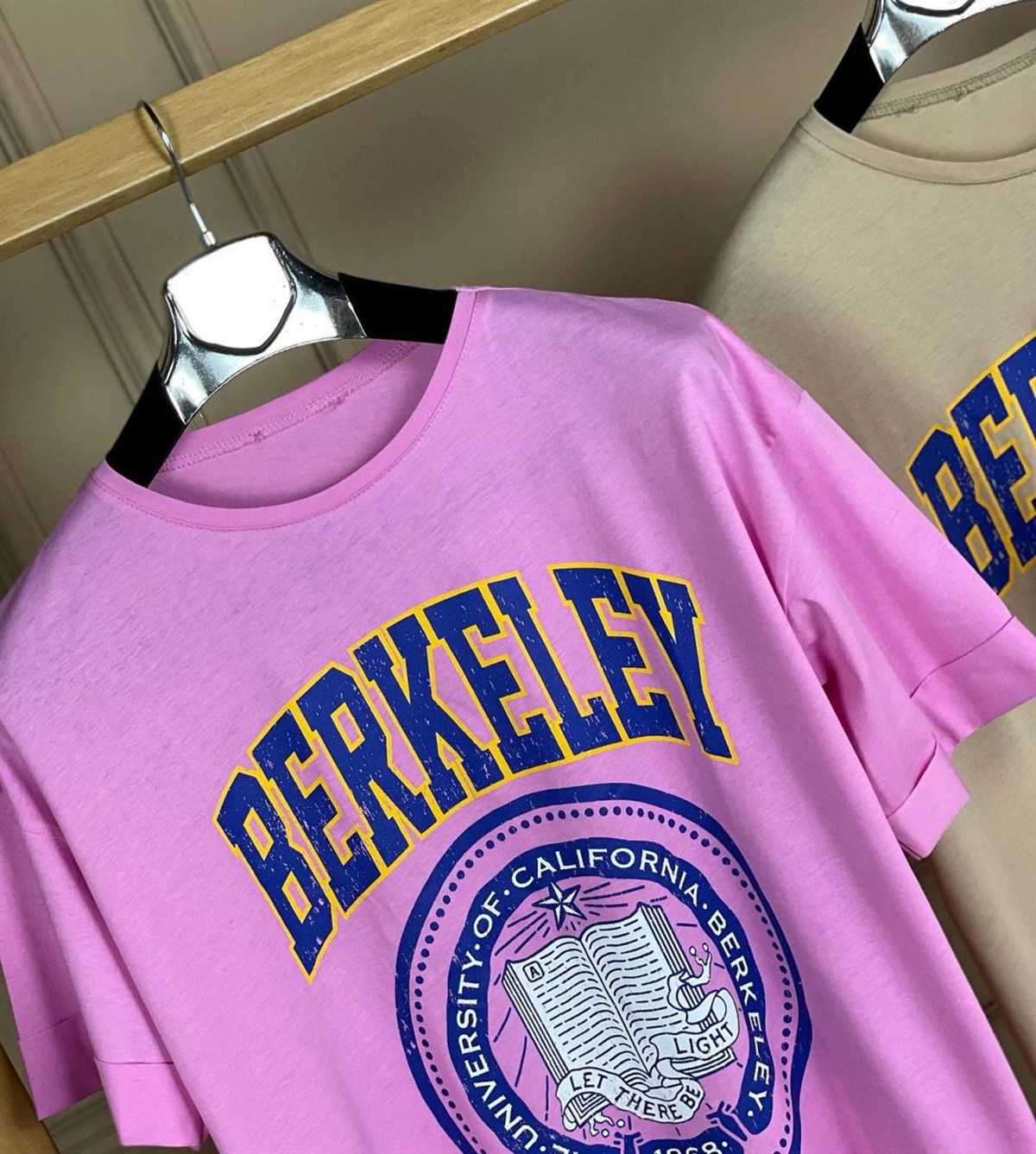 Baskılı Yanları Yırtmaçlı Basic Tunik Tshirt  (PEMBE & BEJ)