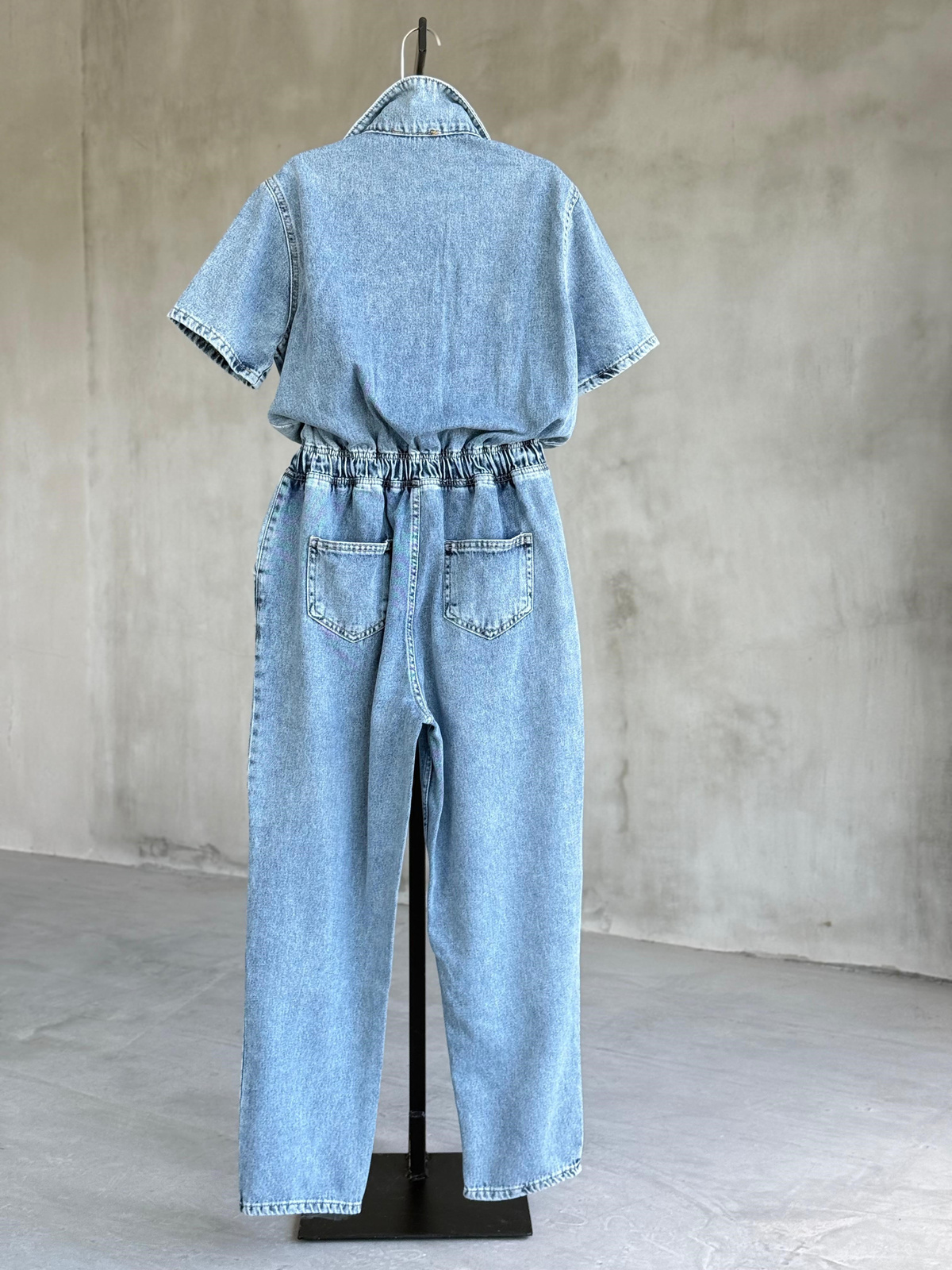 Bel Büzgülü Denim Tulum (Mavi)