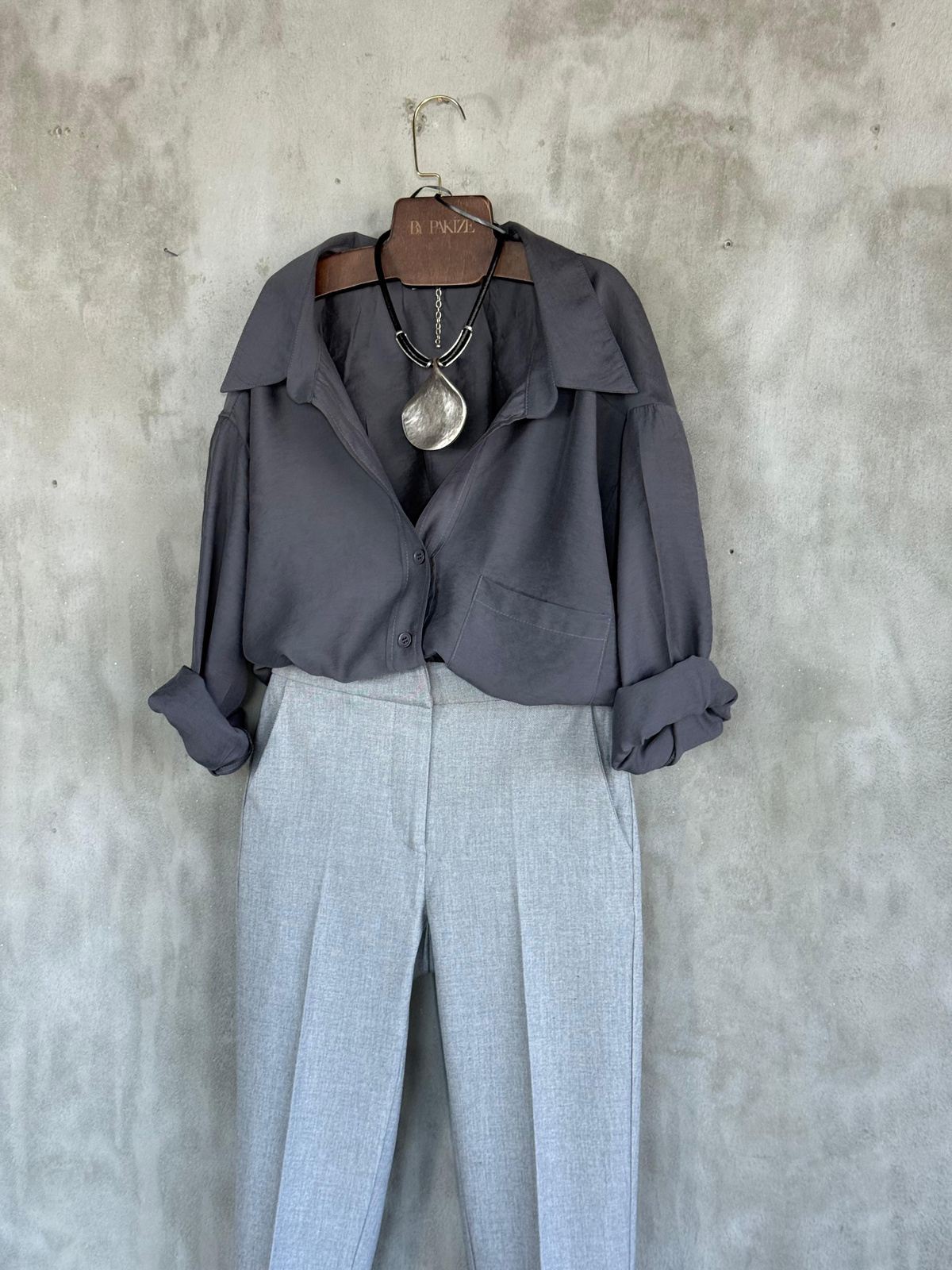 Bel Lastik Detaylı Kumaş Pantolon (Gri)
