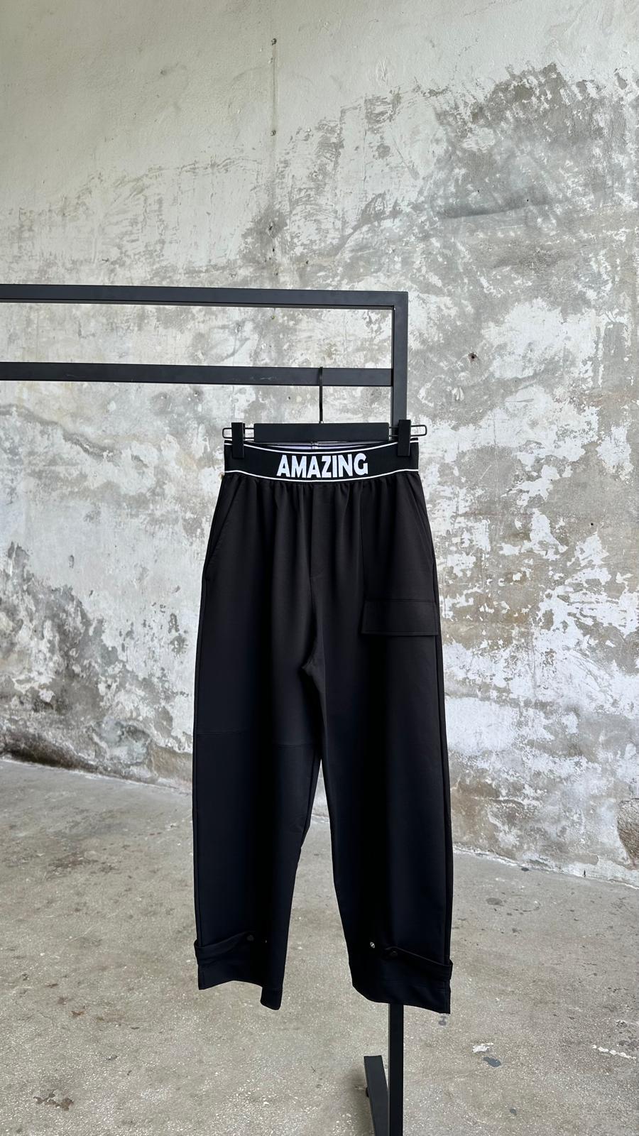Belden Lastik Detaylı Paça Çıtçıtlı Kadın Pantolon (Siyah)