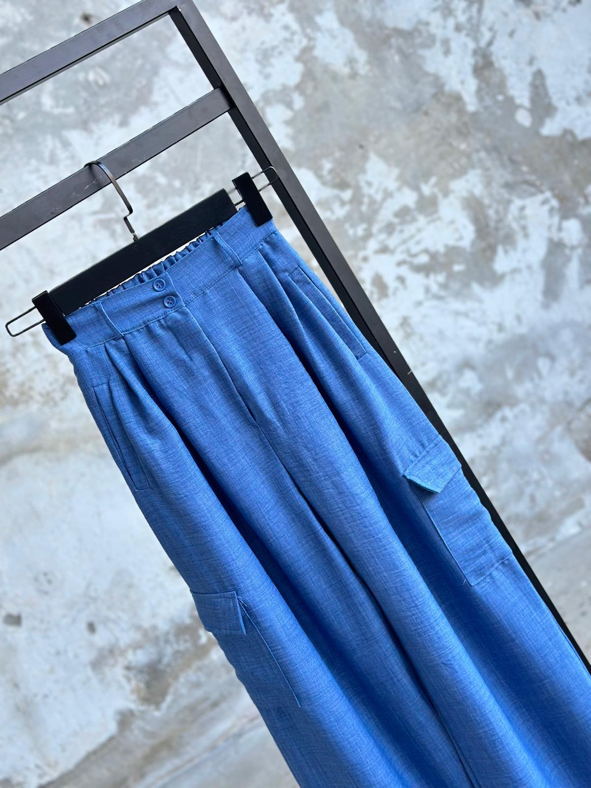 Belden Lastikli Kargo Cep Detaylı Pantolon (Mavi)
