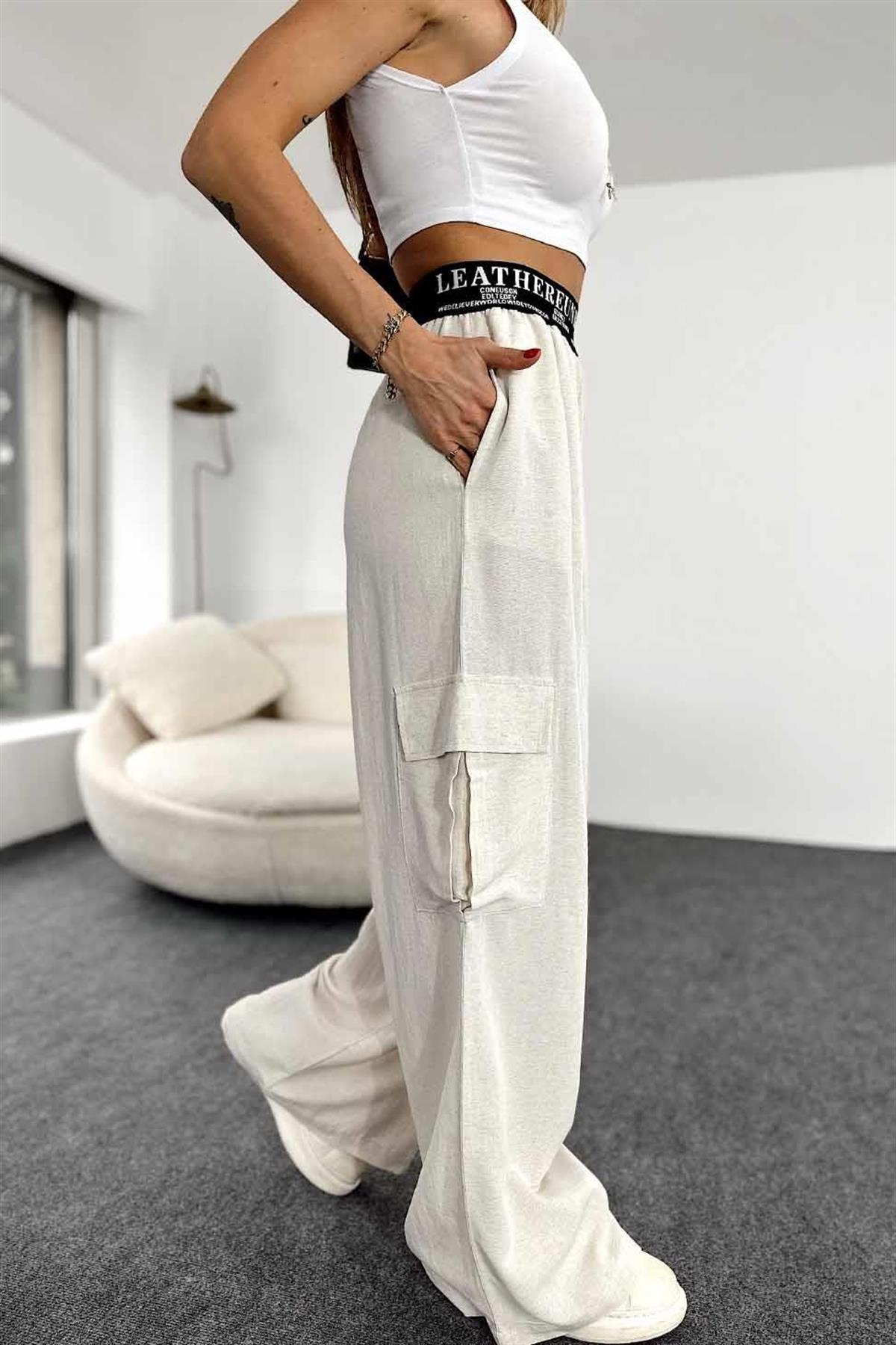 Beli Lastik Kemer Detaylı Keten Dokulu Salaş Pantolon (Taş)