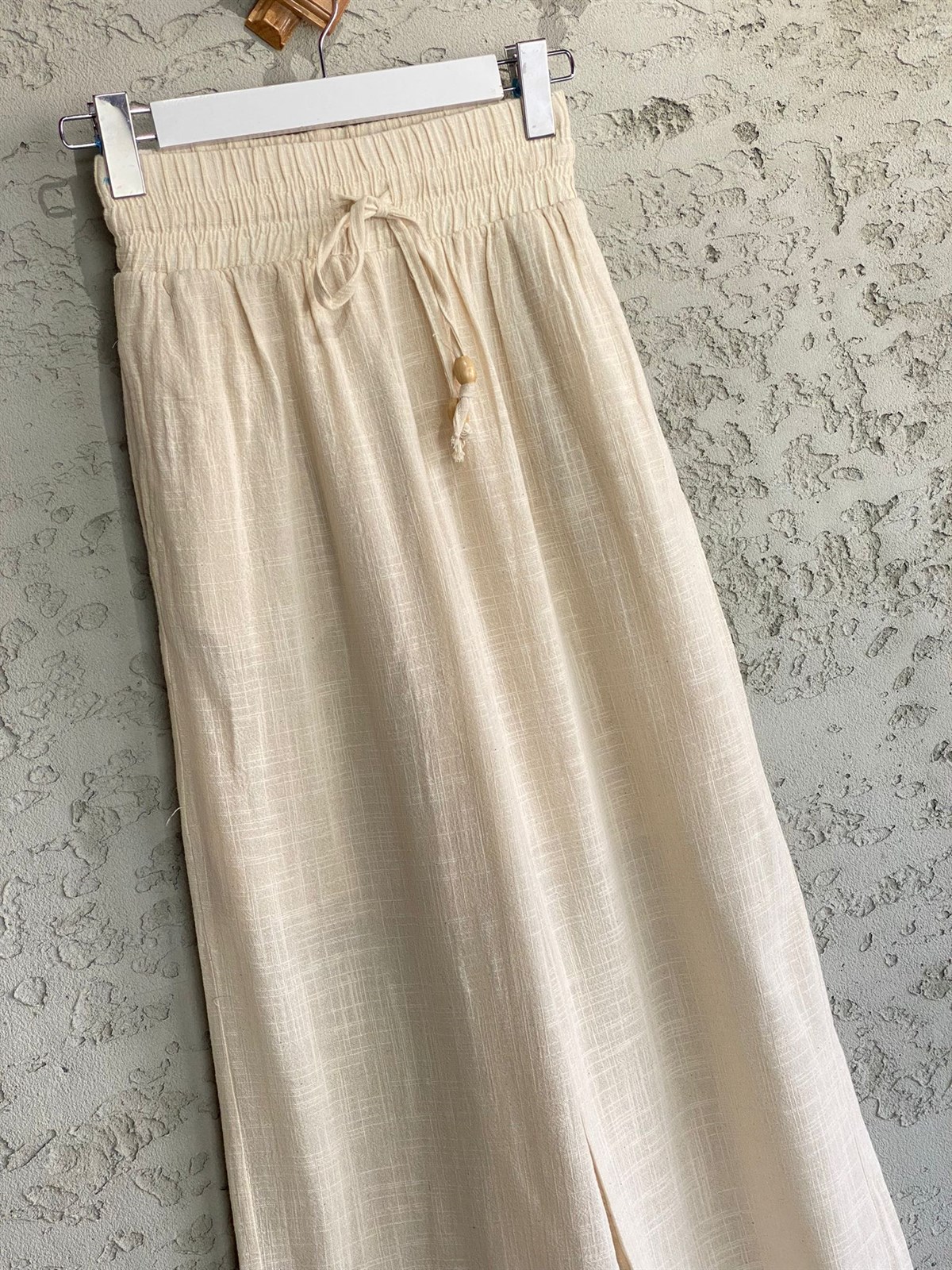 Beli Lastikli Keten Doku Pantolon (Ekru)