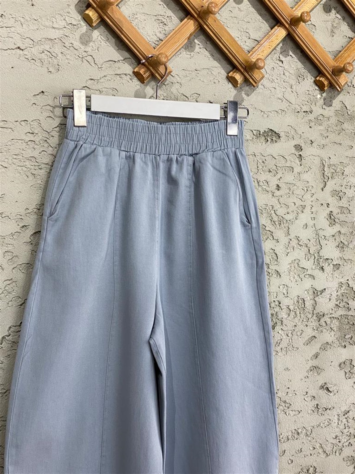 Beli Lastikli Keten Şalvar Pantolon (Bebe Mavisi)