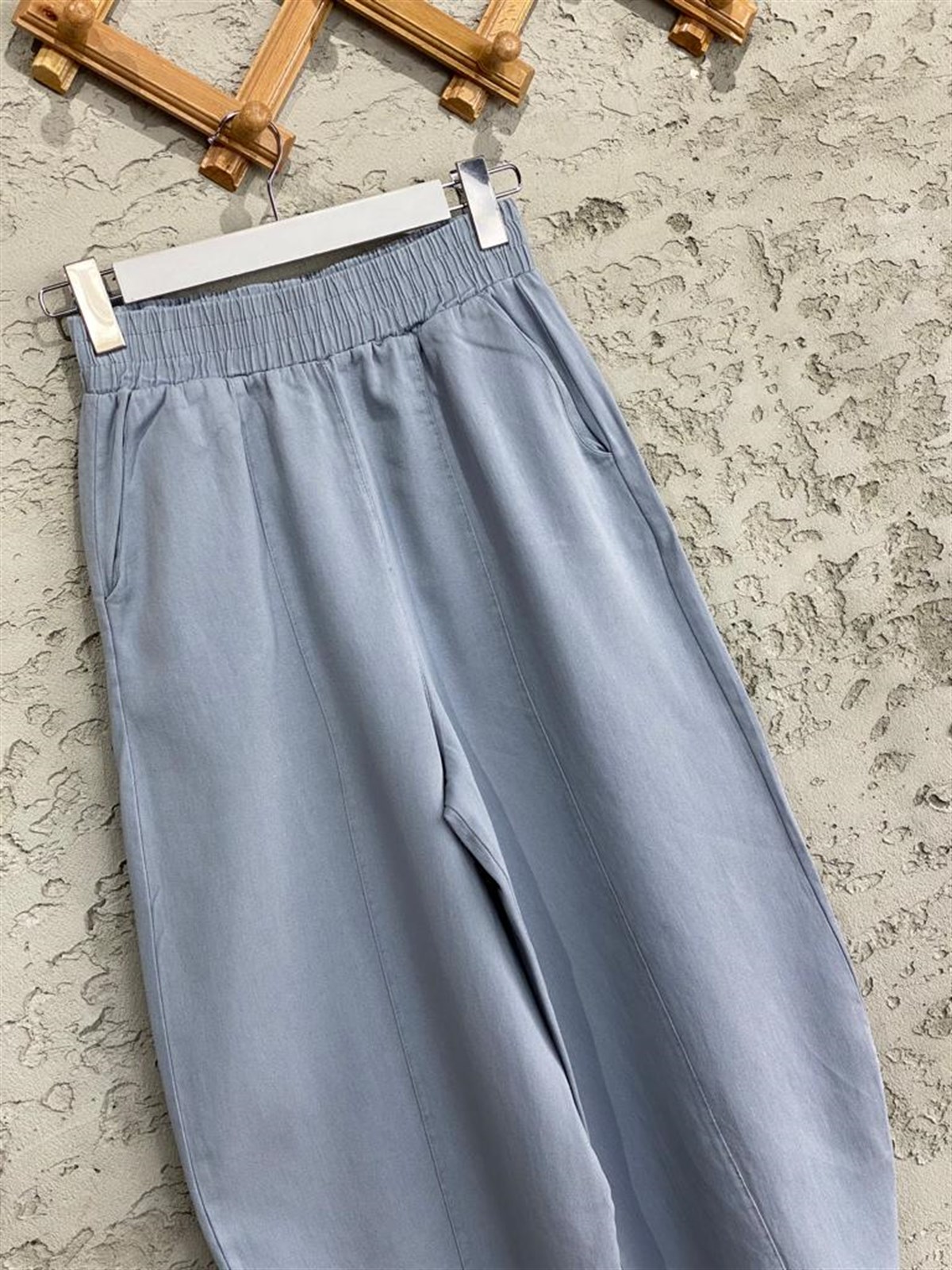 Beli Lastikli Keten Şalvar Pantolon (Bebe Mavisi)