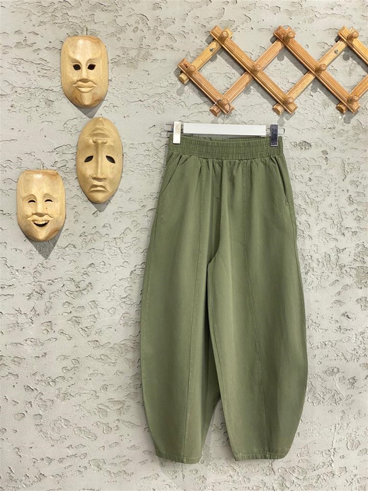 Beli Lastikli Keten Şalvar Pantolon (Haki)