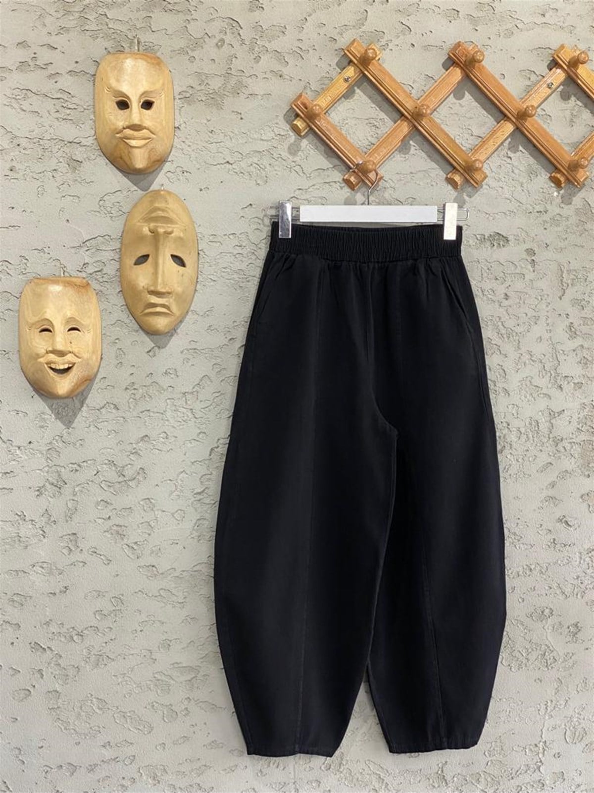 Beli Lastikli Keten Şalvar Pantolon (Siyah)