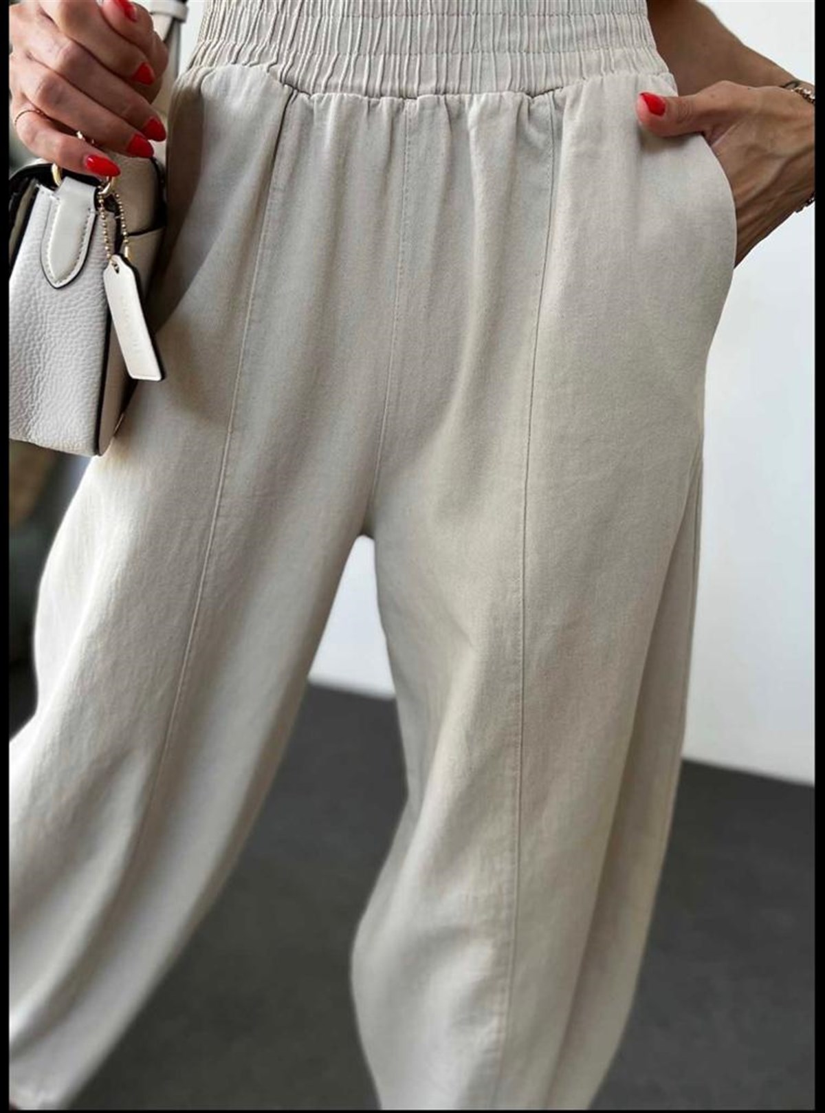 Beli Lastikli Keten Şalvar Pantolon (Taş)