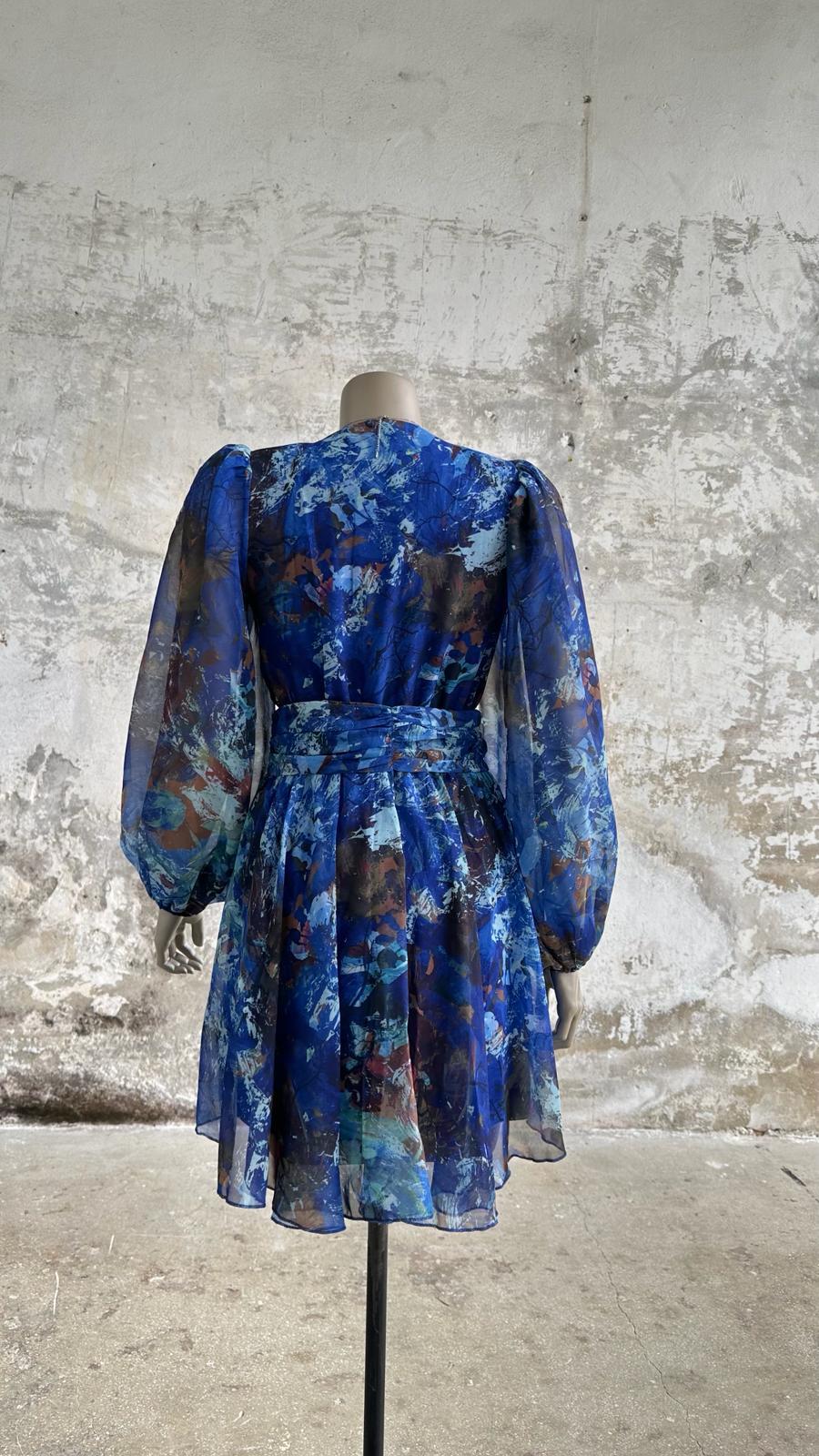 Beli Lastikli Kuşaklı Sulu Boya Elbise (Saks)