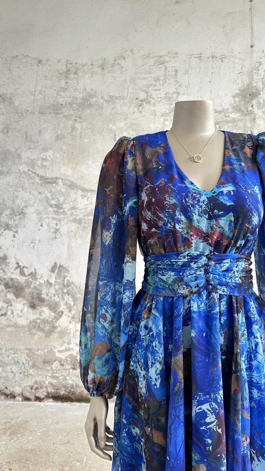 Beli Lastikli Kuşaklı Sulu Boya Elbise (Saks)