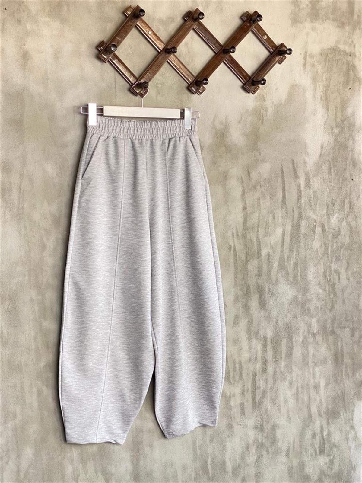 Beli Lastikli Önden Çımalı Şalvar Pantolon (Gri)