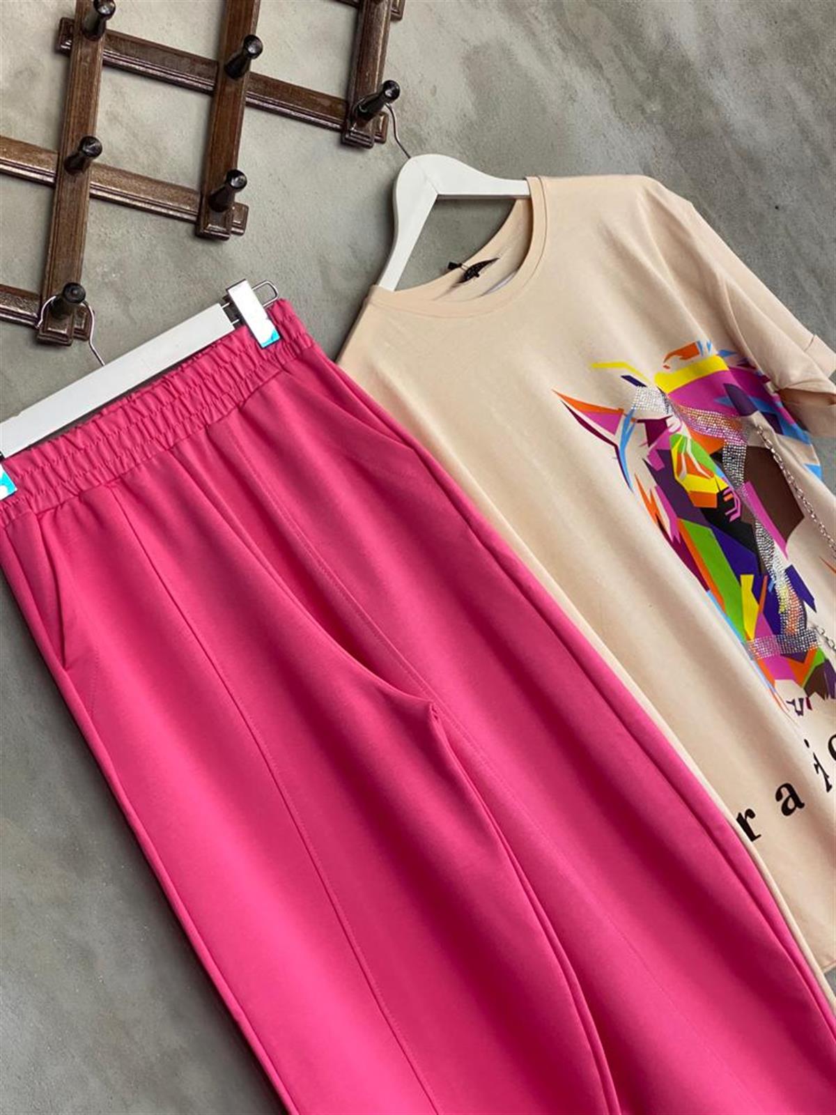 Beli Lastikli Önden Çımalı Şalvar Pantolon (Pembe)