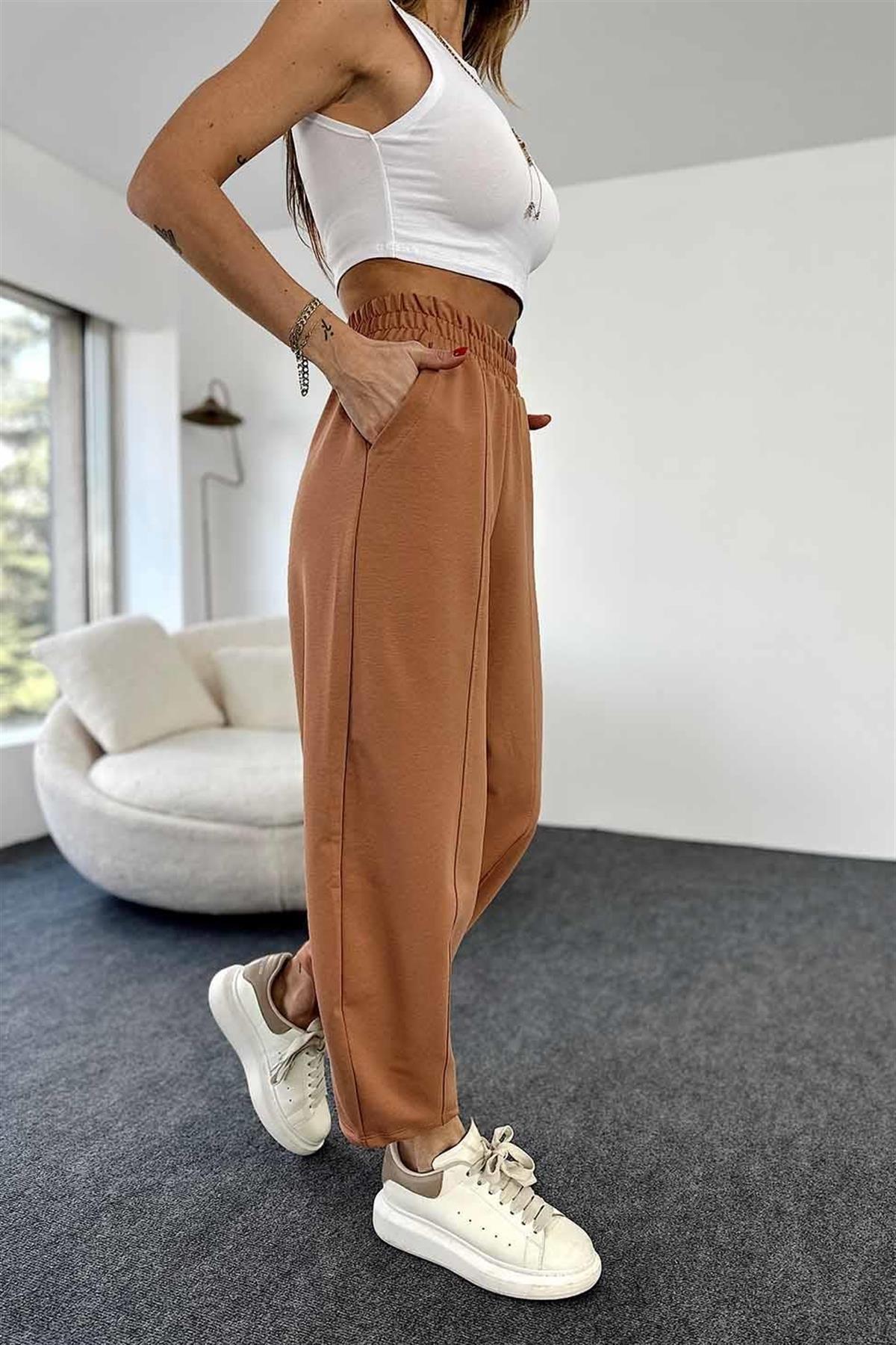 Beli Lastikli Önden Çımalı Şalvar Pantolon (Taba)