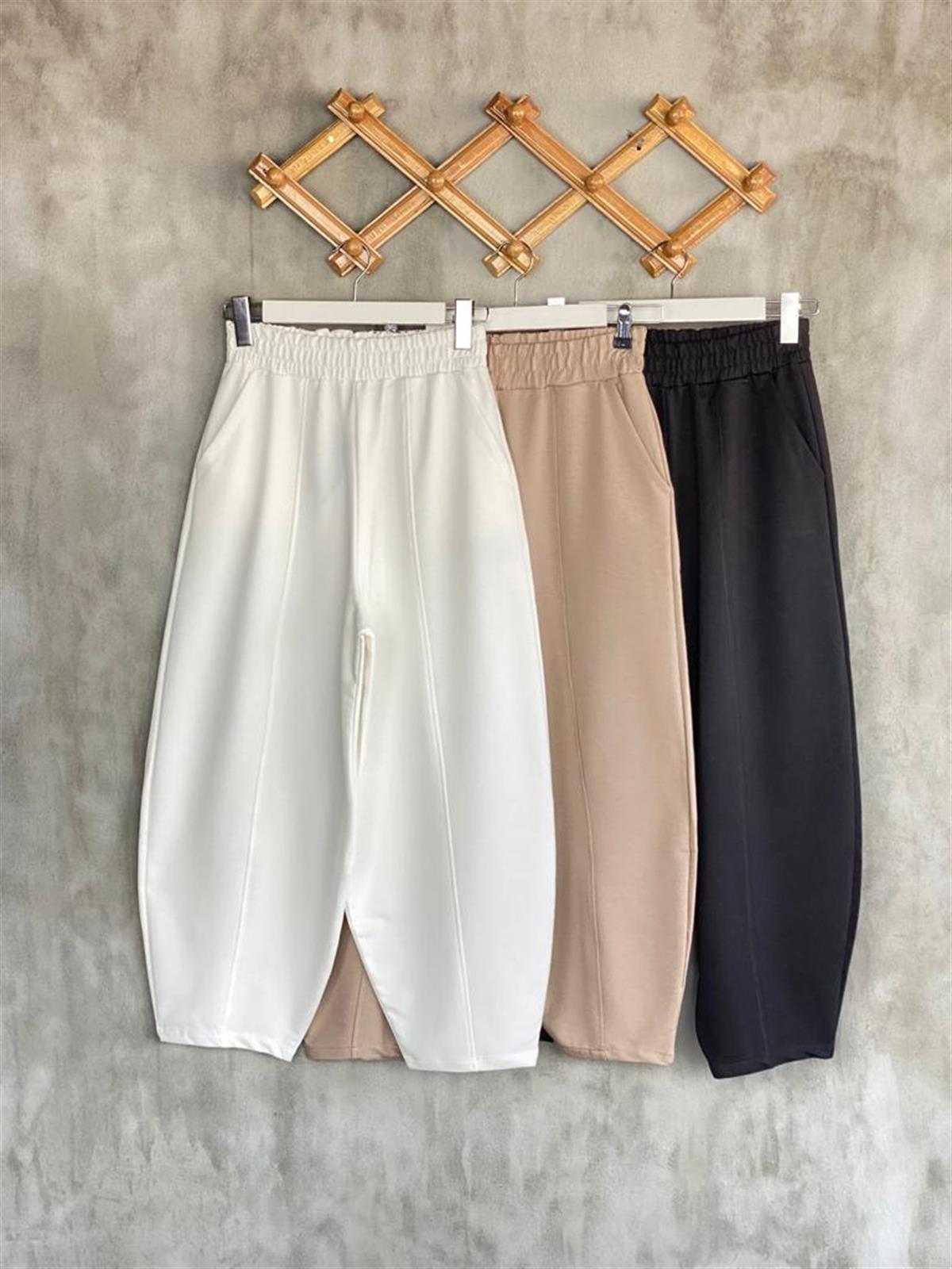 Beli Lastikli Önden Çımalı Şalvar Pantolon (Beyaz)