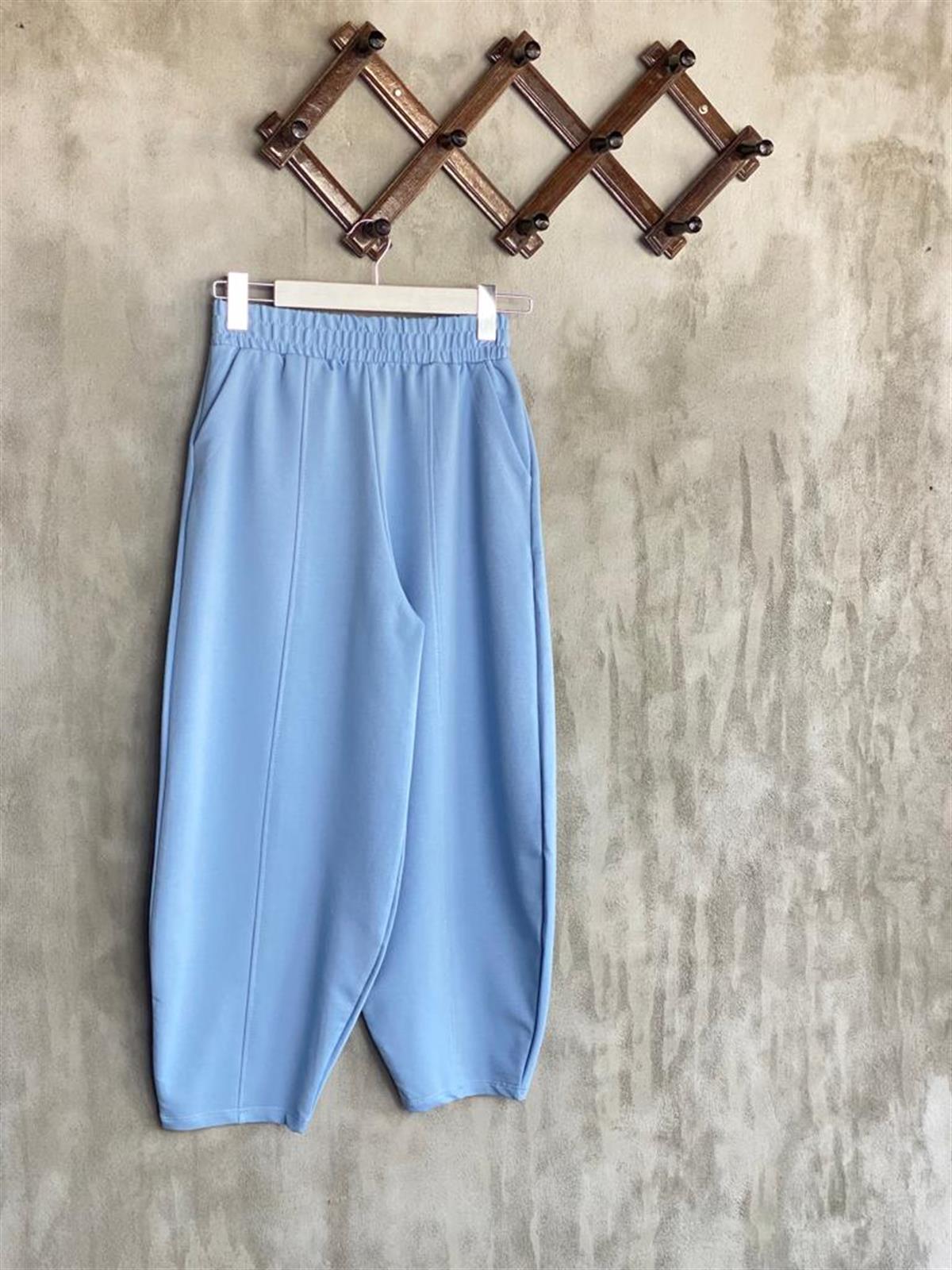Beli Lastikli Önden Çımalı Şalvar Pantolon (Açık Mavi)