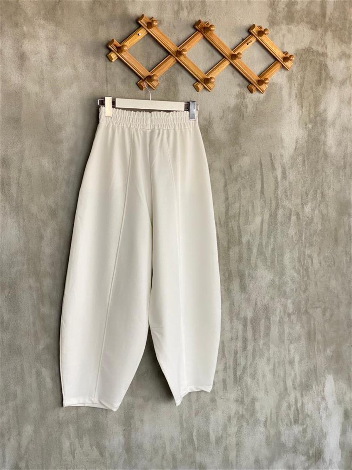 Beli Lastikli Önden Çımalı Şalvar Pantolon (Beyaz)