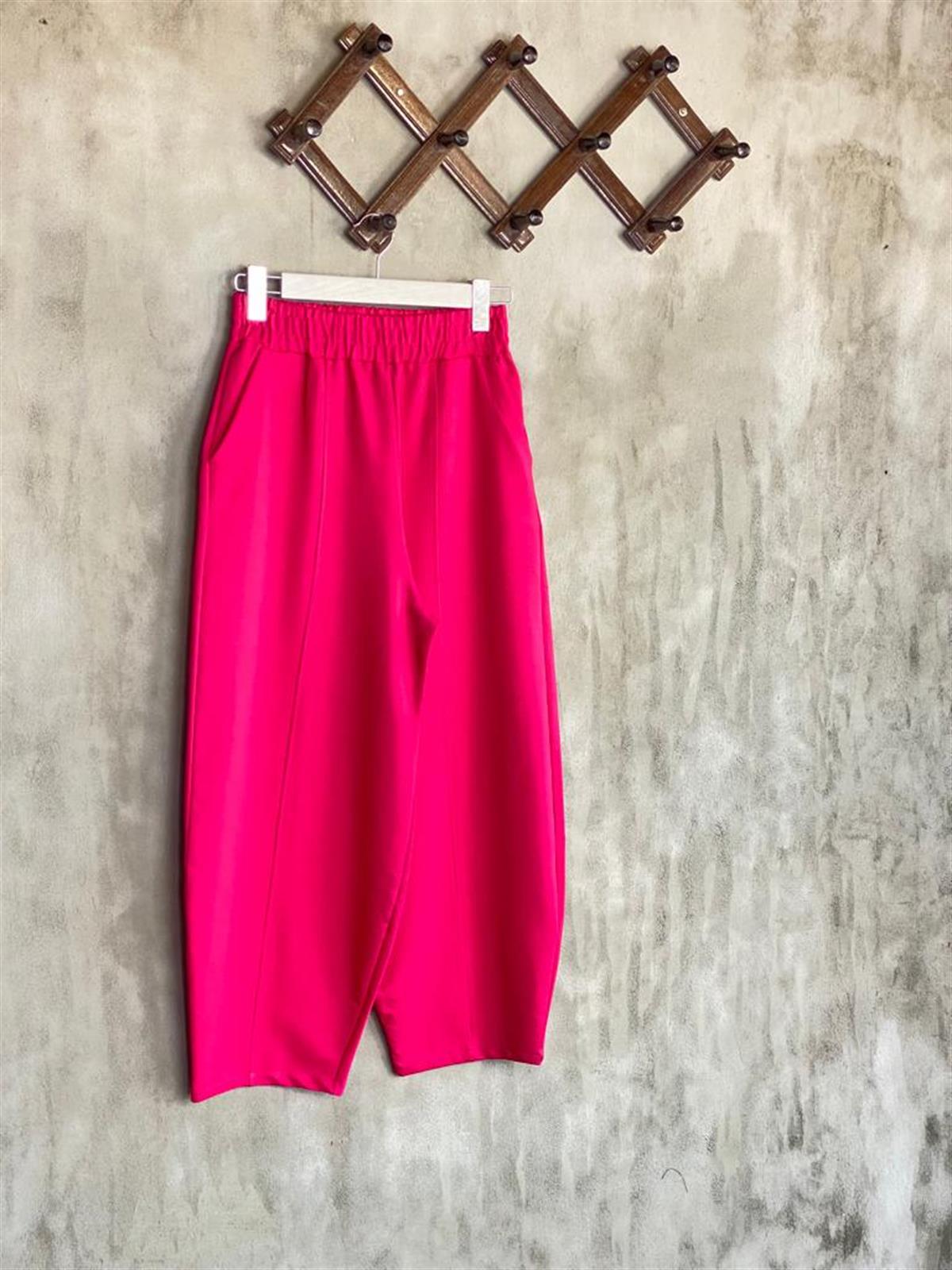 Beli Lastikli Önden Çımalı Şalvar Pantolon (Fuşya)