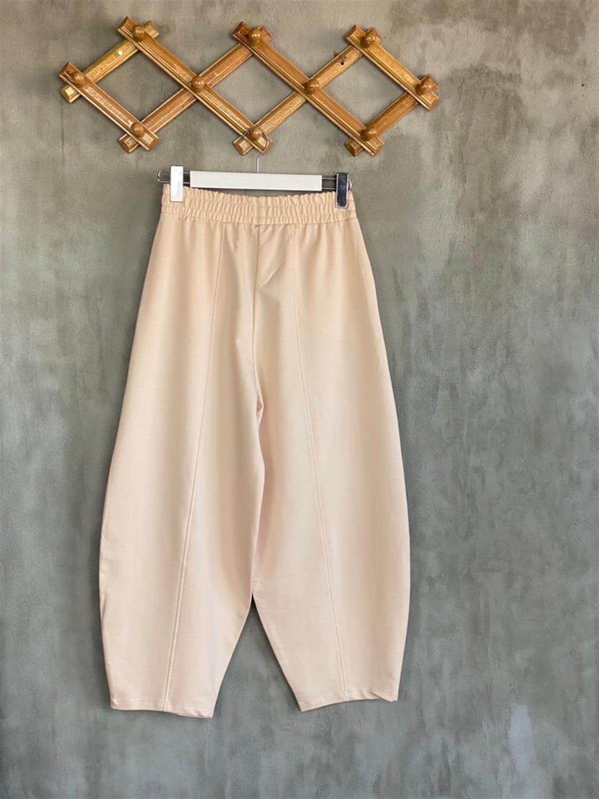 Beli Lastikli Önden Çımalı Şalvar Pantolon (Bej)