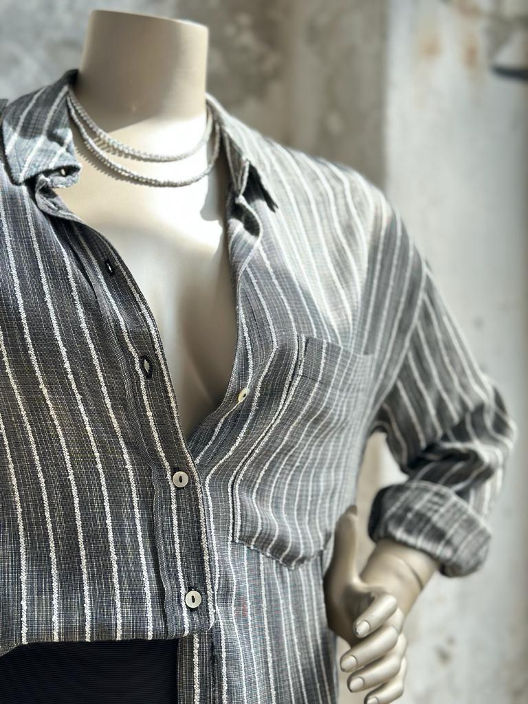 Beyaz Çizgili Oversize Kadın Gömlek (Antrasit)