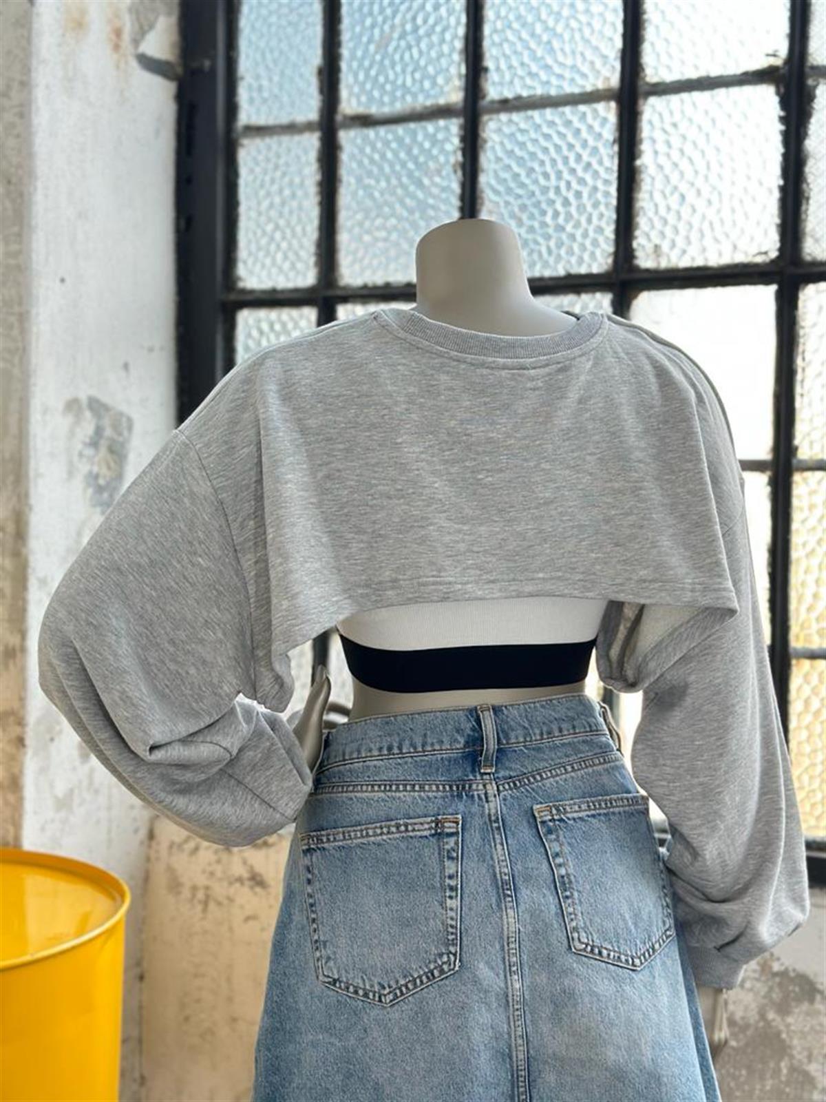 Beyaz Crop Detaylı Kapşonlu Kadın Sweat (Gri)