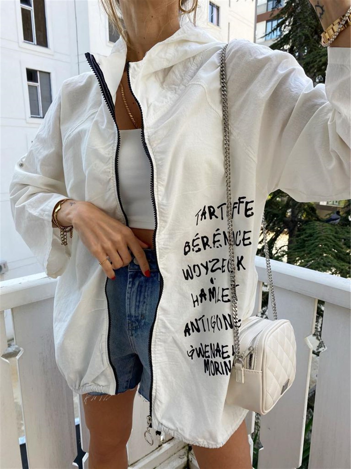 Beyaz Naturel Beautiful Day Yazı Figürlü Oversize Ceket