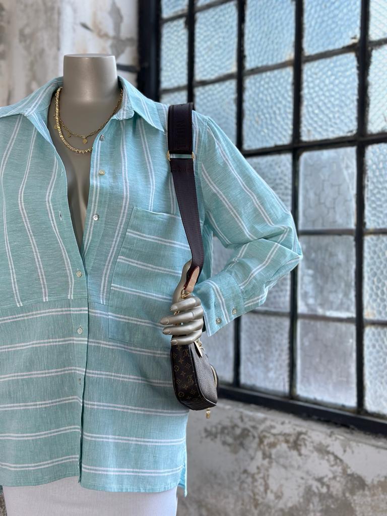 Beyaz Şerit Çizgili Oversize Kadın Gömlek (Su Yeşili)
