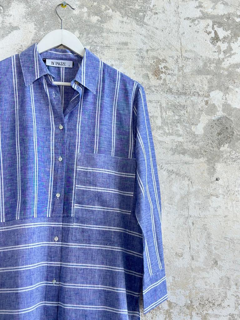 Beyaz Şerit Çizgili Oversize Kadın Gömlek (Mavi)
