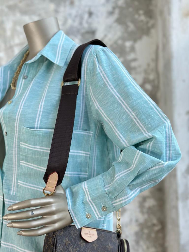 Beyaz Şerit Çizgili Oversize Kadın Gömlek (Su Yeşili)