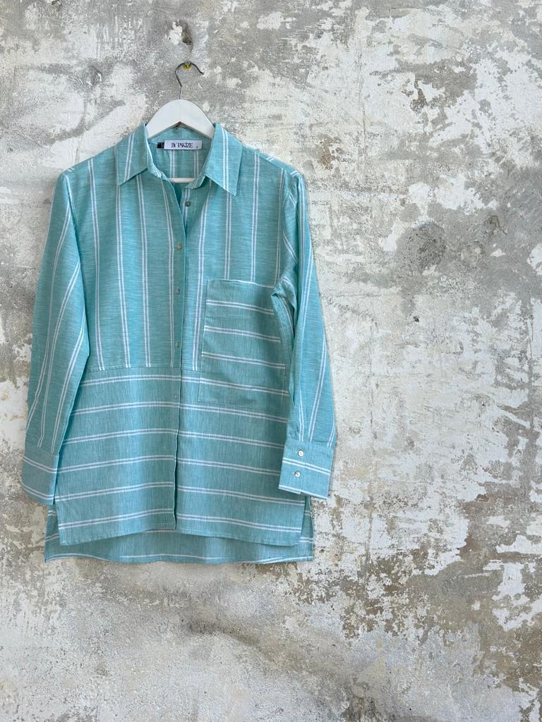 Beyaz Şerit Çizgili Oversize Kadın Gömlek (Su Yeşili)