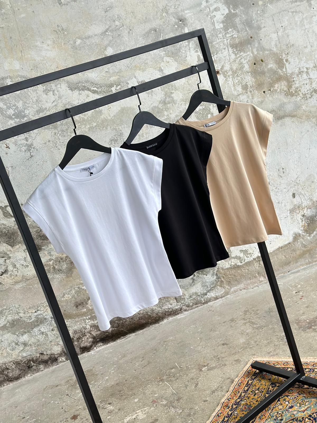 Bisiklet Yaka Penye T-Shirt (Beyaz/Siyah/Bej)