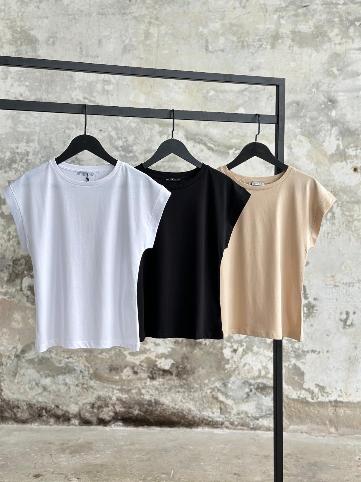 Bisiklet Yaka Penye T-Shirt (Beyaz/Siyah/Bej)