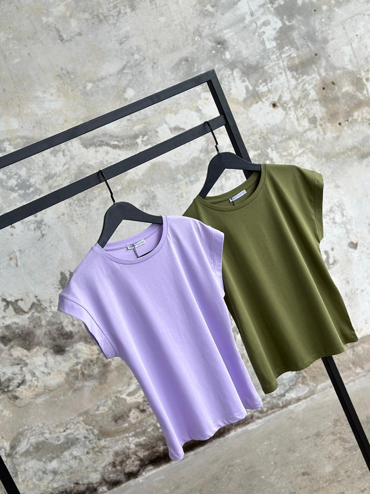 Bisiklet Yaka Penye T-Shirt (Lila/Yağ Yeşili)