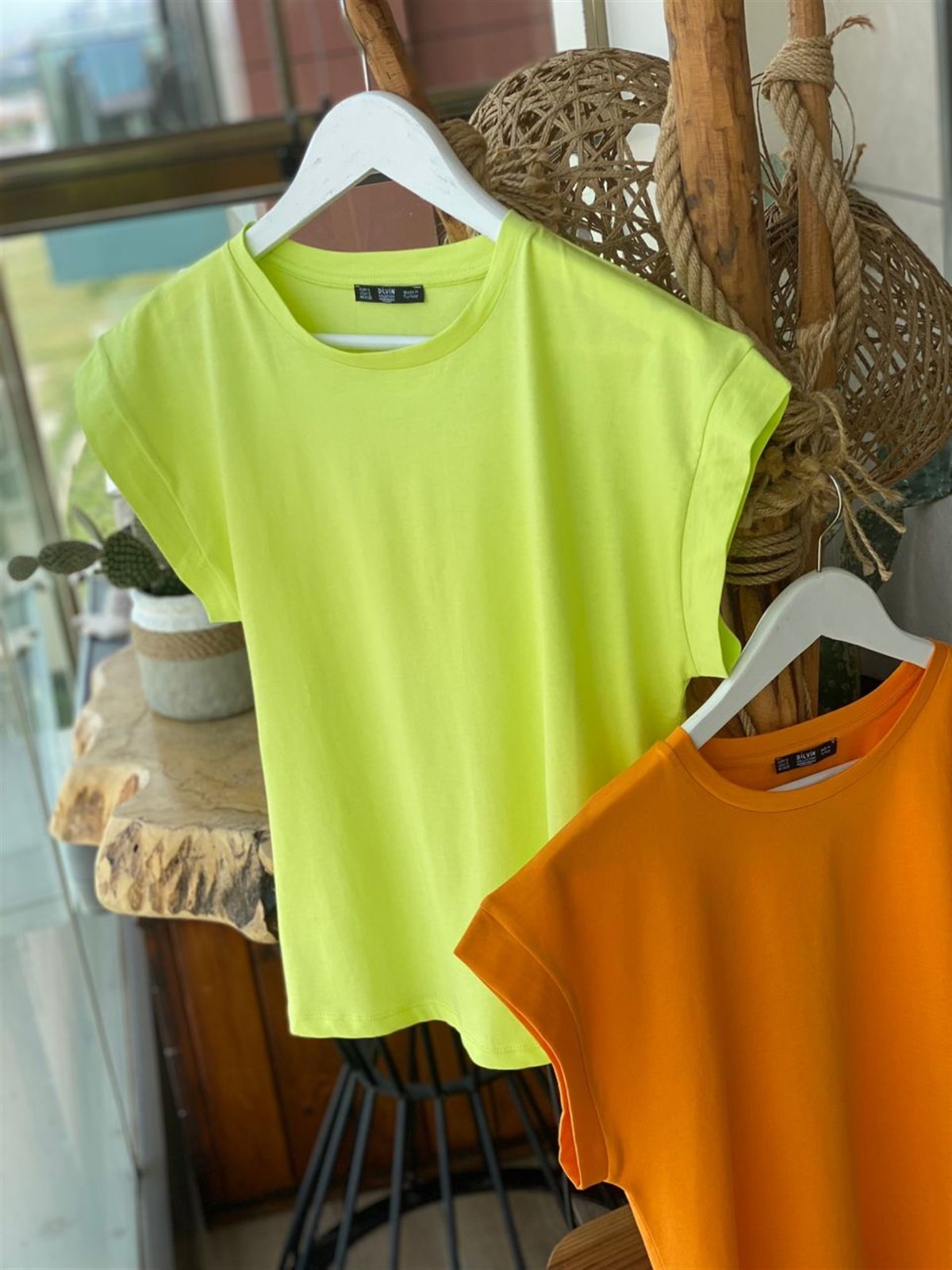 Bisiklet Yaka Penye Tshirt (Oranj & Fıstık Yeşili)