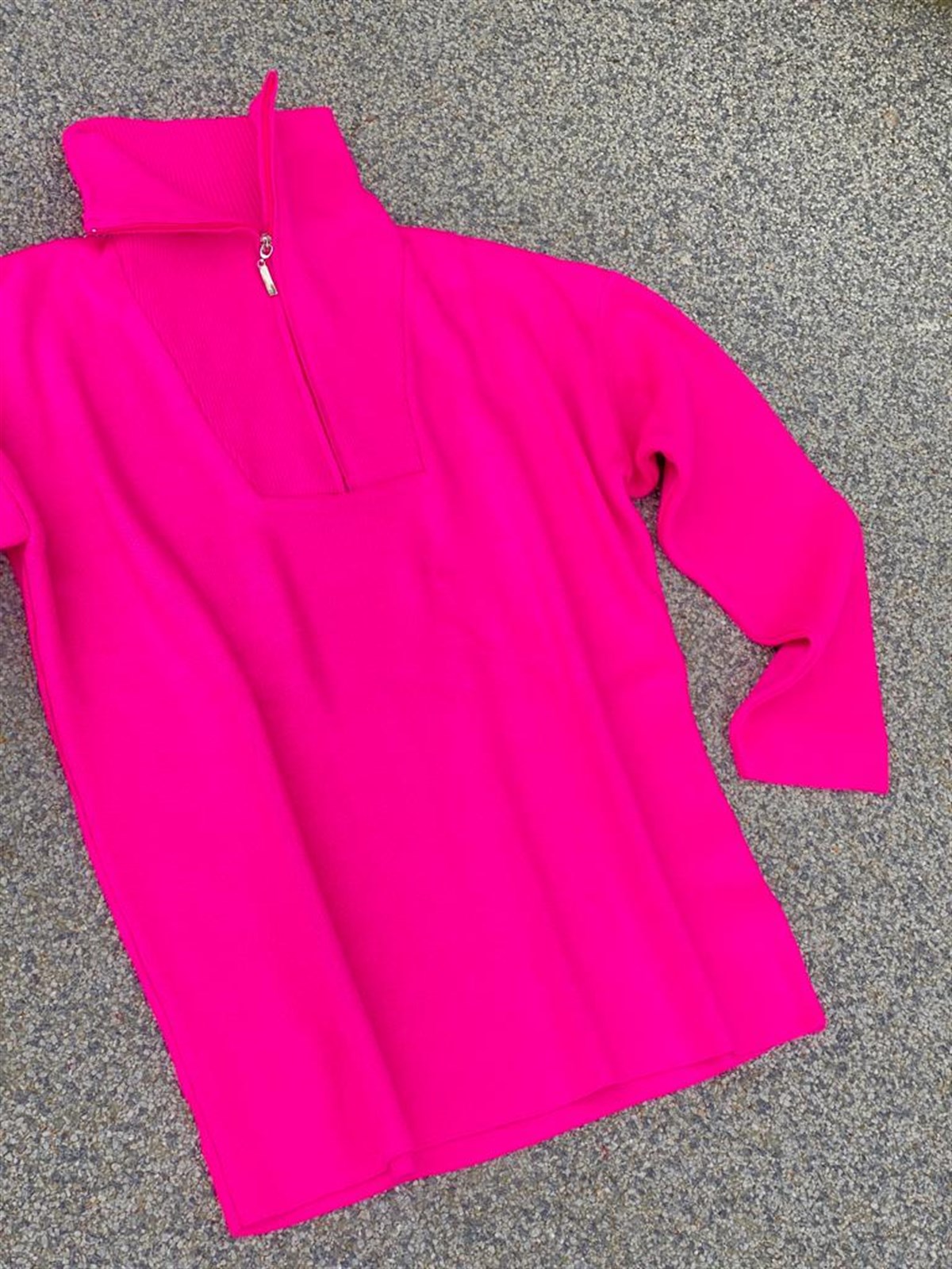 Boğazdan Fermuarlı Çelik Örgülü Oversize Kazak (Pembe)