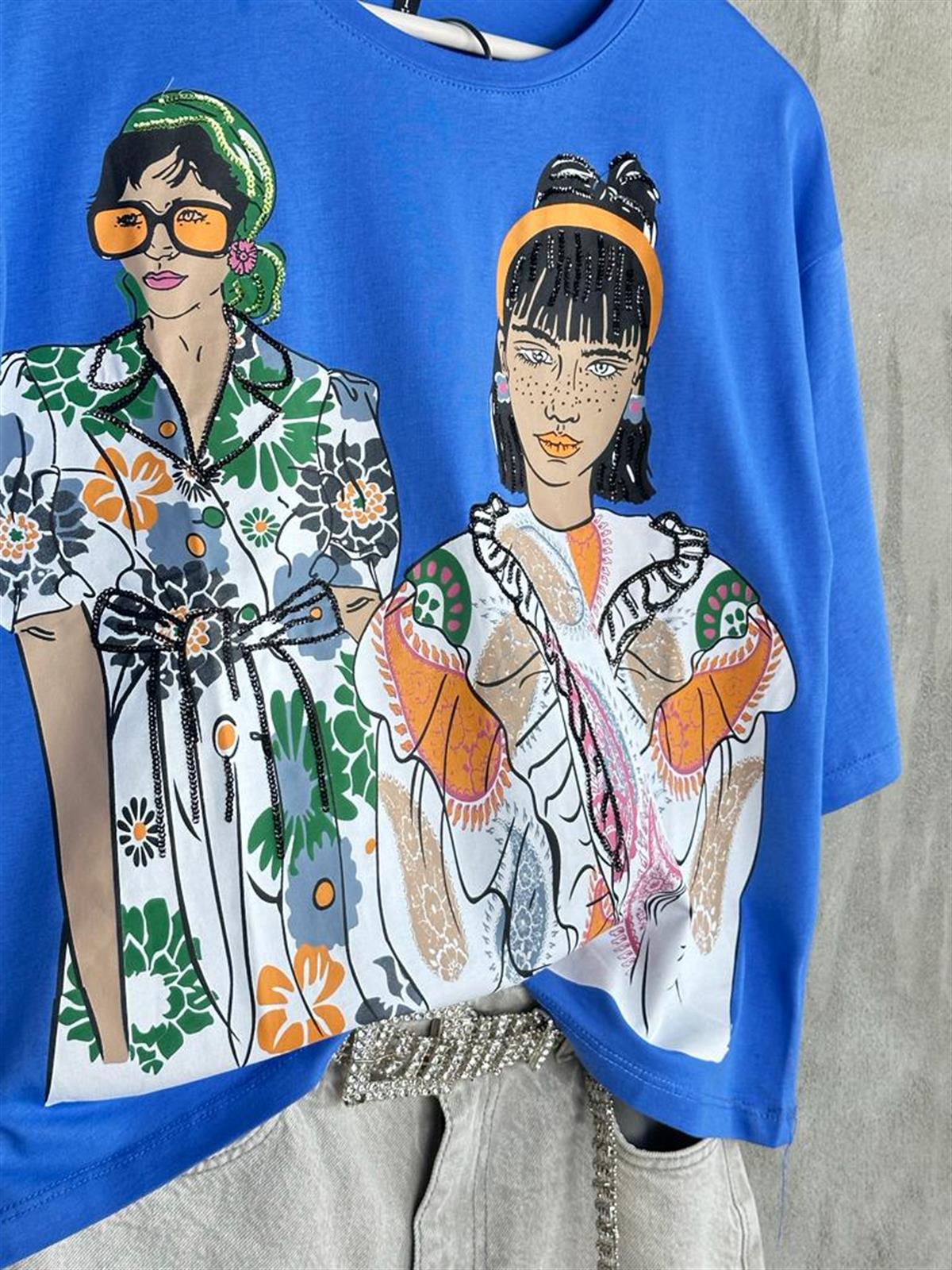 Bohem Kristal Taşlı Kadın Figürlü Tişört (Saks) 